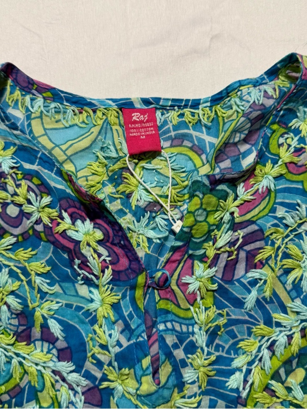 Raj Embroidered Tunic Top Women’s Sz Medium Blue Floral Boho 100% Cotton India
